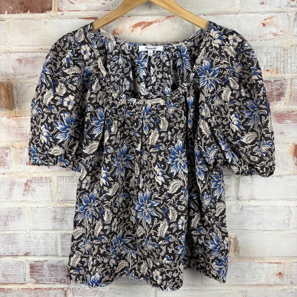 Madewell Floral Block Print Peasant Blouse Sz M Puff Sleeve Blue Black Boho Top
